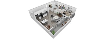 A 3D rendered image of a modern, open-concept floor plan of a house.